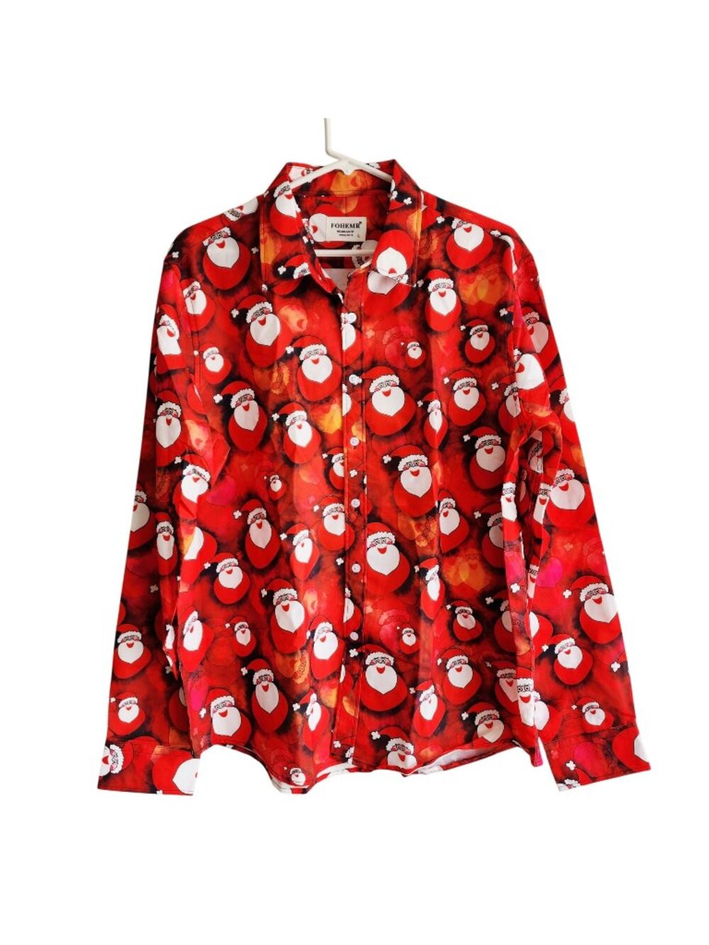 Fohemr Mens Red Santa Claus Long Sleeve Button-Up Shirt Size L  Christmas Theme